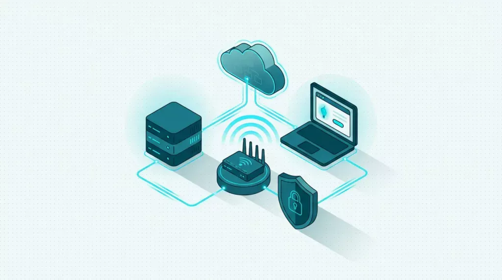Vernetzte Büro-IT: Server, Router, Laptop, Cloud und Schutzschild