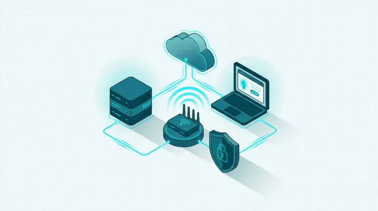 Vernetzte Büro-IT: Server, Router, Laptop, Cloud und Schutzschild
