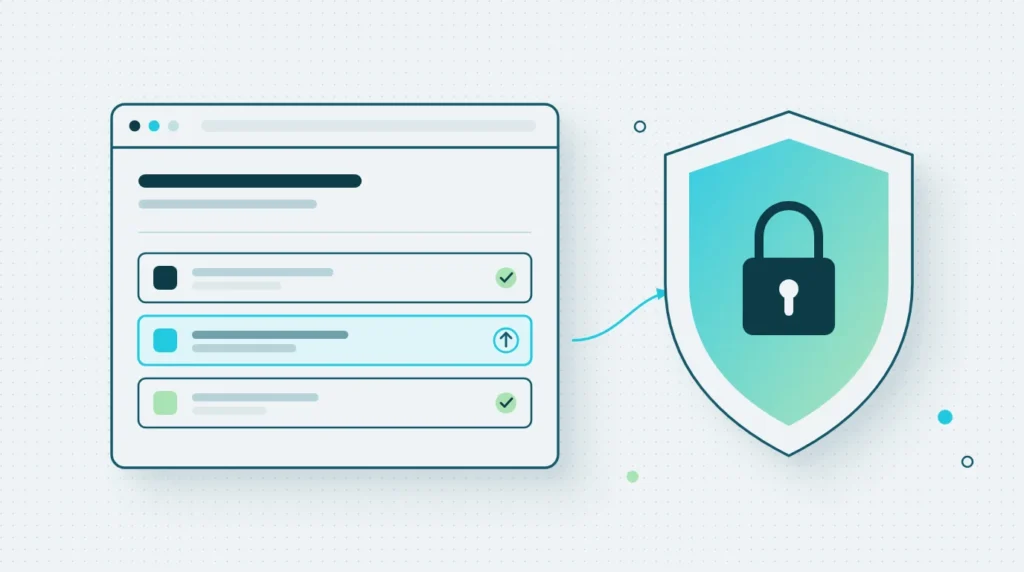 Illustration: Browserfenster mit Plugin-Liste, ein Eintrag wird aktualisiert, daneben ein Schild mit Schloss