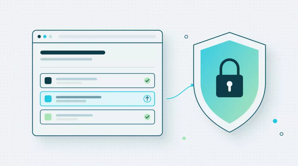 Illustration: Browserfenster mit Plugin-Liste, ein Eintrag wird aktualisiert, daneben ein Schild mit Schloss